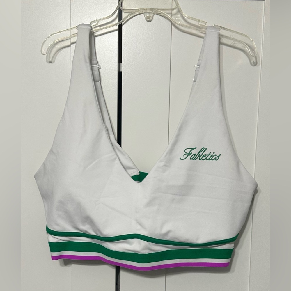 Fabletics White Bra with Green and Purple Trim